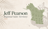 Map highlighting Jeff Pearson’s regional sales territory for Island Stone & Tile, featuring a sage-green map of North America.
