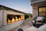 Outdoor living space with a fireplace clad in dimensional tile and a built-in seating area