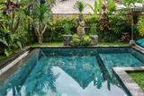Sukabumi pool tile lining a lush tropical pool surrounded by tropical plants and a stone statue.