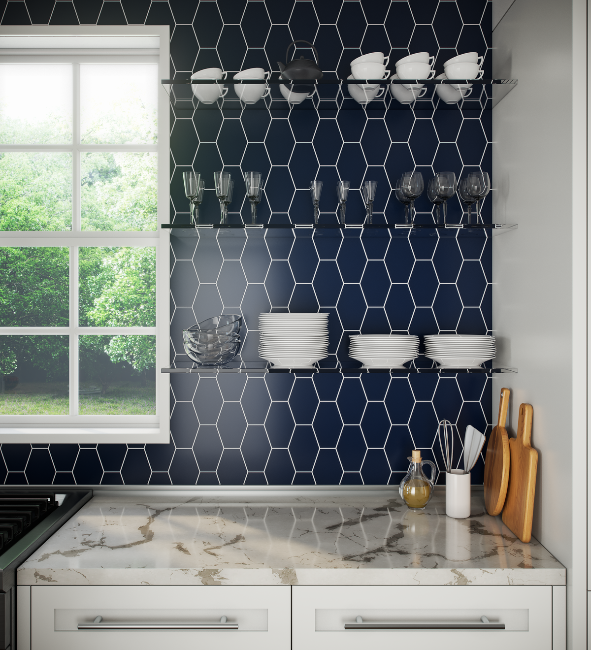 Elongated Hexagon | Midnight Matte kitchen wall