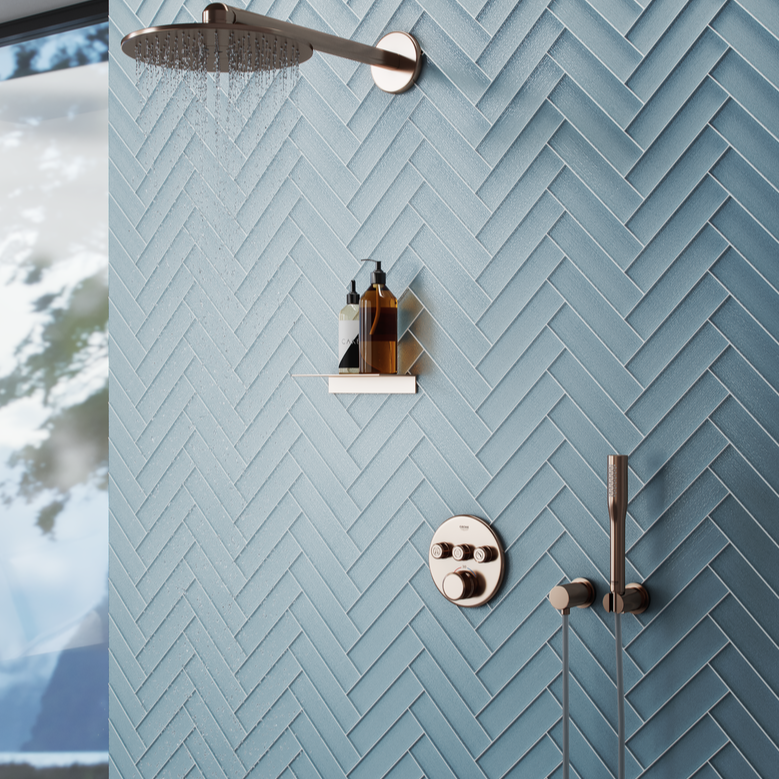 Cascade Stratos glass tile herringbone install